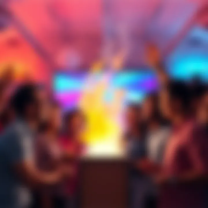 A group of diverse people celebrating the launch of Supertf's innovative technology with excitement and energy, showcasing creative designs and bright colors around them.