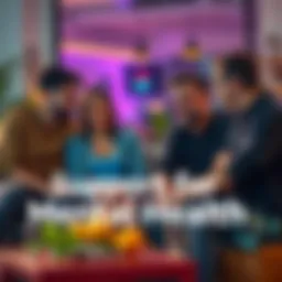 A group of friends sitting together, discussing mental health concerns in a supportive manner