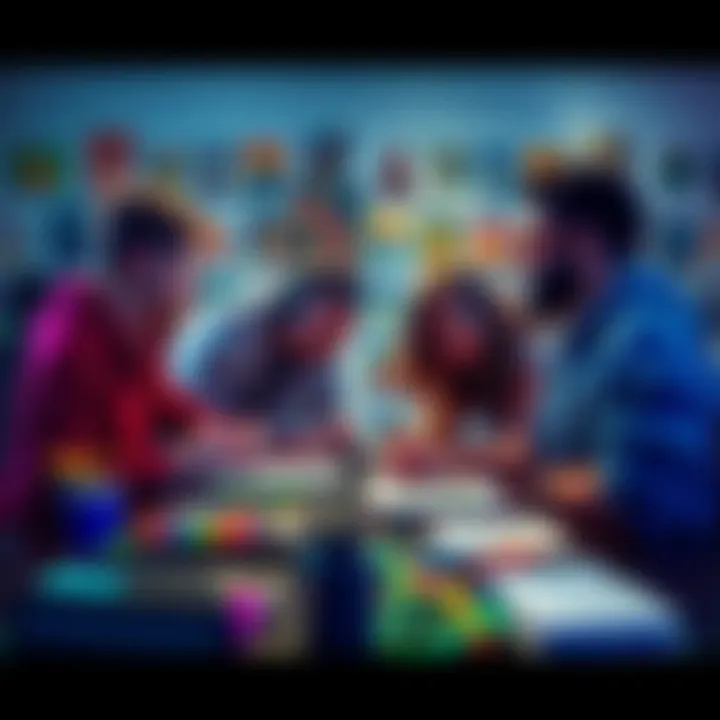 A group of diverse indie game developers collaborating on a project, surrounded by colorful game posters and creative tools