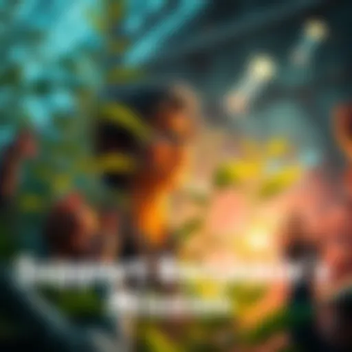 A vibrant scene showing Benjamin surrounded by plants, symbolizing growth and his journey to manifest a god seed, with people cheering him on.