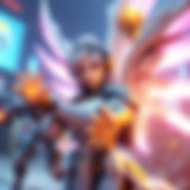A support character in Overwatch, like Mercy, using healing abilities during a team battle.