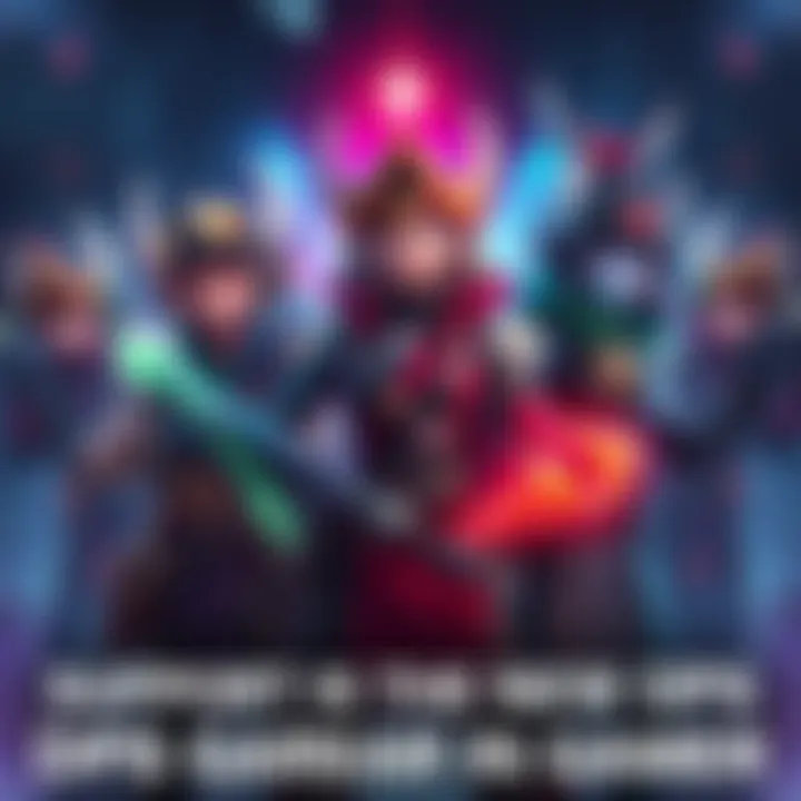 A group of video game characters working together, with a support role character healing and buffing allies while others deal damage, showcasing teamwork in gaming