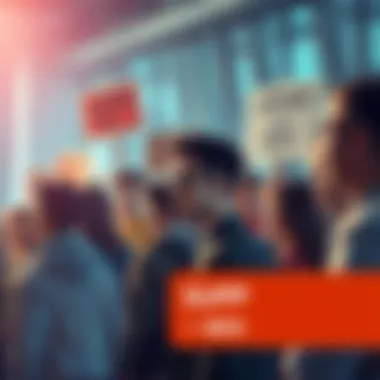 A group of people discussing and debating Ben's actions and choices, some holding signs that express different viewpoints.