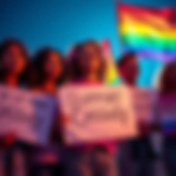 Support for Cassidy A group of friends showing support for a person named Cassidy, holding signs promoting trans rights, with a rainbow flag in the background.