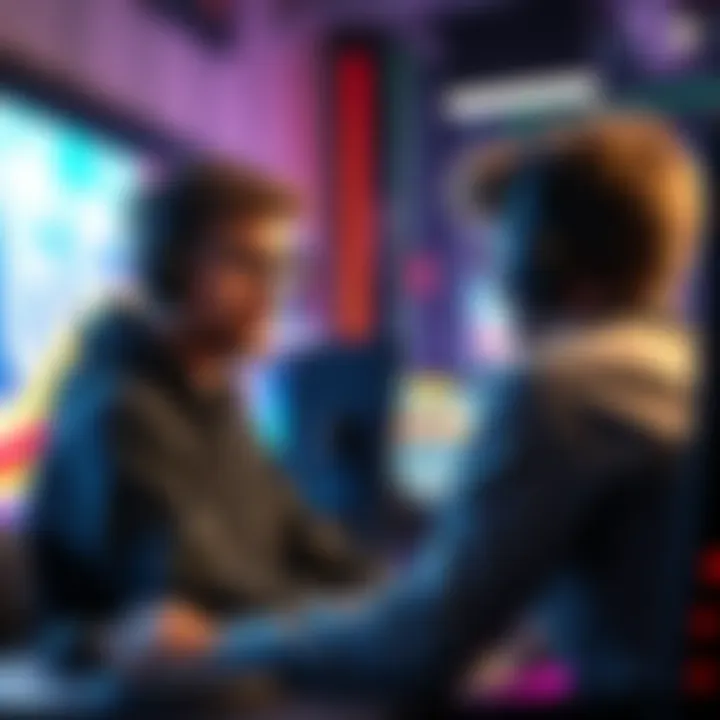 Support Player in Action A player in a gaming setup, looking frustrated while trying to communicate with a teammate who is distracted. The scene shows a vibrant gaming environment with digital displays.