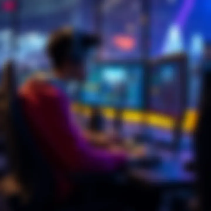 A frustrated gamer sitting at a desk, looking at a screen with a game displaying ranked matchmaking. Teammates appear unresponsive in chat.