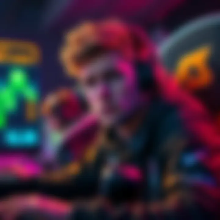 Support Player in Frustration A gamer looking worried while playing a competitive game, surrounded by stats showing high healing and damage but a low rank indication, symbolizing support role struggles.