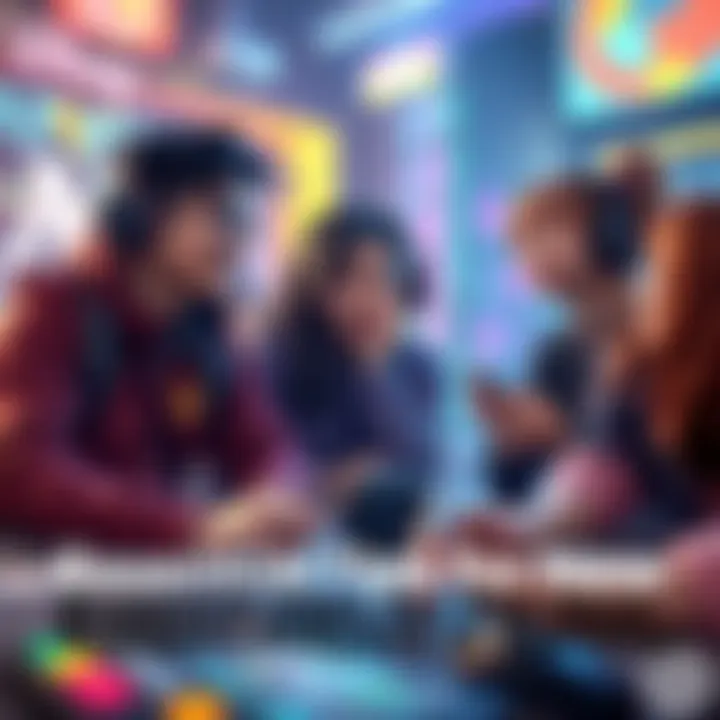 A group of gamers collaborating in a vibrant gaming environment, showcasing support characters like Ana, Moira, and Kiriko