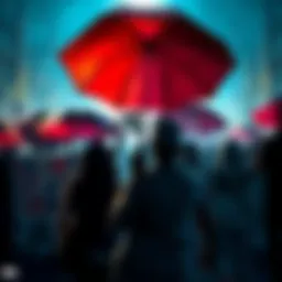 A group of people holding banners in support of the Umbrella Corporation, showcasing contrasting opinions on morality.