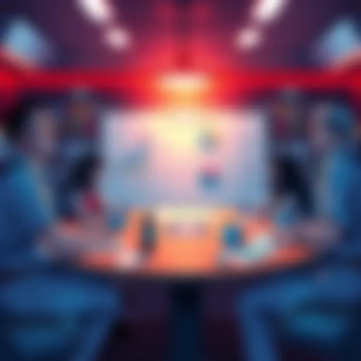 A group of people discussing Yorinobu's potential choices and their impacts at a round table with charts and notes.