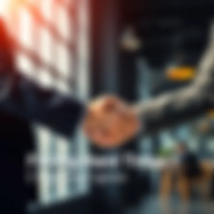 Supportive Handshake Two people shaking hands in a business setting, symbolizing opportunity and support during tough times.