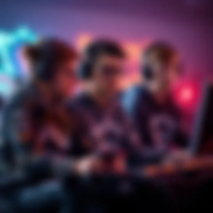 Supportive Gaming Team A team of gamers working together, one player providing support to skilled teammates, focused on winning the game.