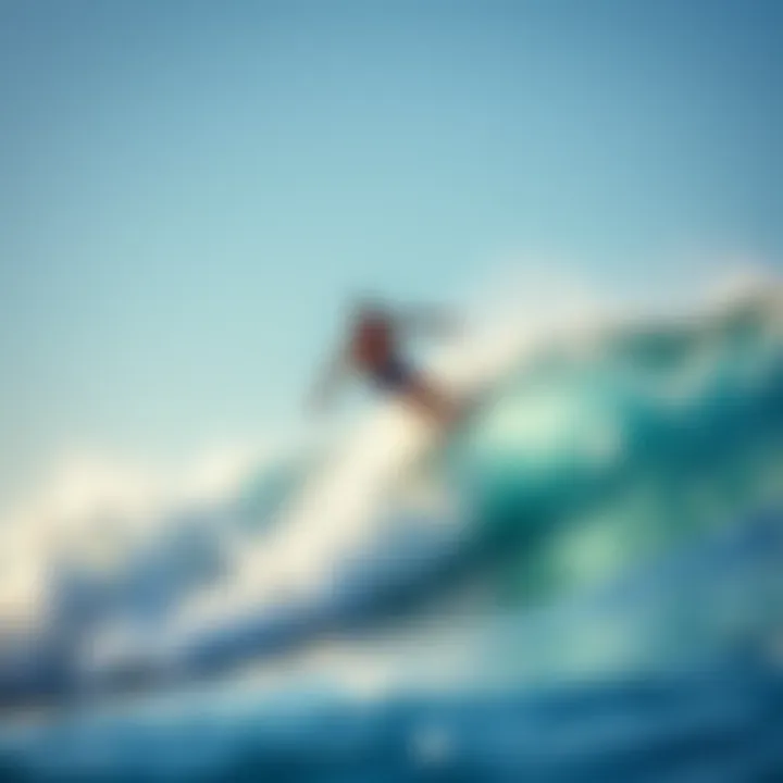 A surfer performs a maneuver on a wave under a clear blue sky