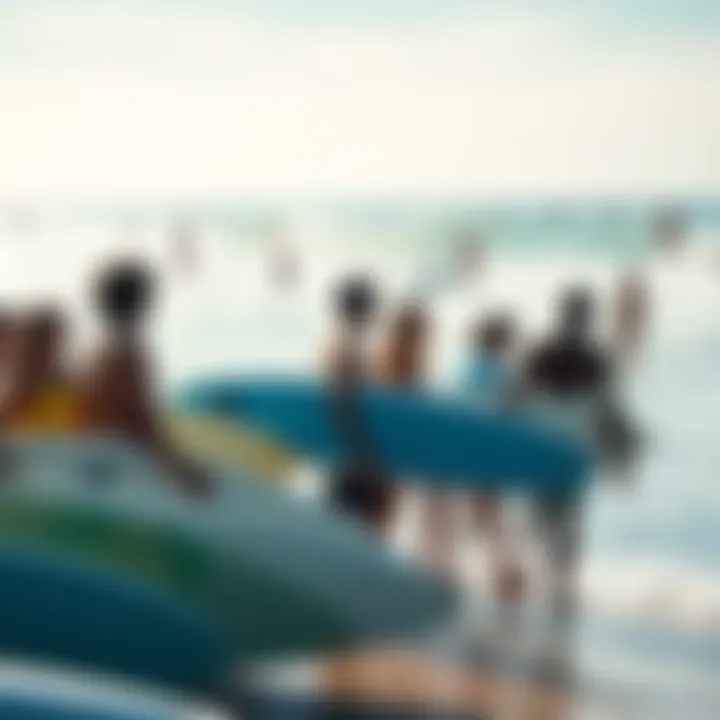 A group of surfers waiting for waves at a busy beach with other beachgoers around