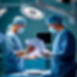 Two surgeons in scrubs examining a medical chart in an operating room, contemplating the arm amputation decision for a patient named Lee.