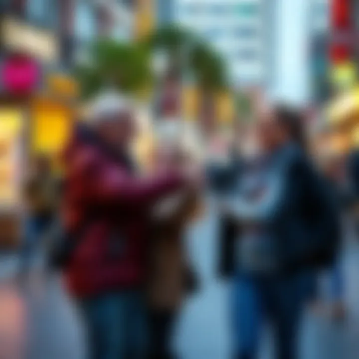 Two friends joyfully greeting each other on a busy street after an unexpected encounter.