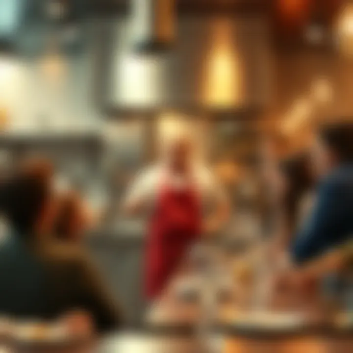 A surprised chef and diners watching a man in casual clothes entering the kitchen at a restaurant