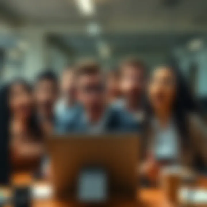 A group of coworkers reacting with surprise as a guest arrives unexpectedly at their workplace, showing varied expressions of shock and curiosity.