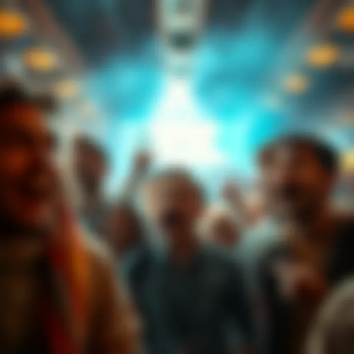 A diverse group of people showing surprise and excitement in a community setting.