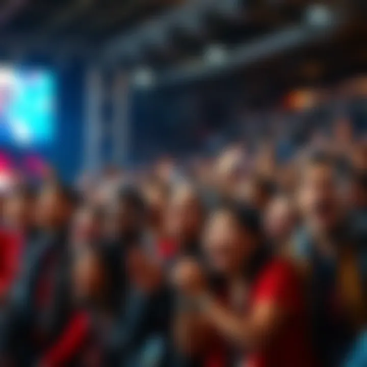 A diverse group of people reacting with shock and excitement during a competitive event, showcasing surprise and engagement.