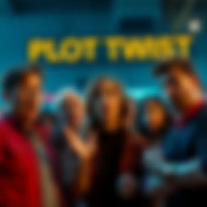 A group of people gathered, looking shocked and engaged in a lively discussion about a surprising plot twist, with expressions of disbelief and excitement.