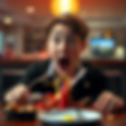 A person with wide eyes and an open mouth showing surprise, sitting at a table with food spilling over, capturing a spontaneous moment of shock.