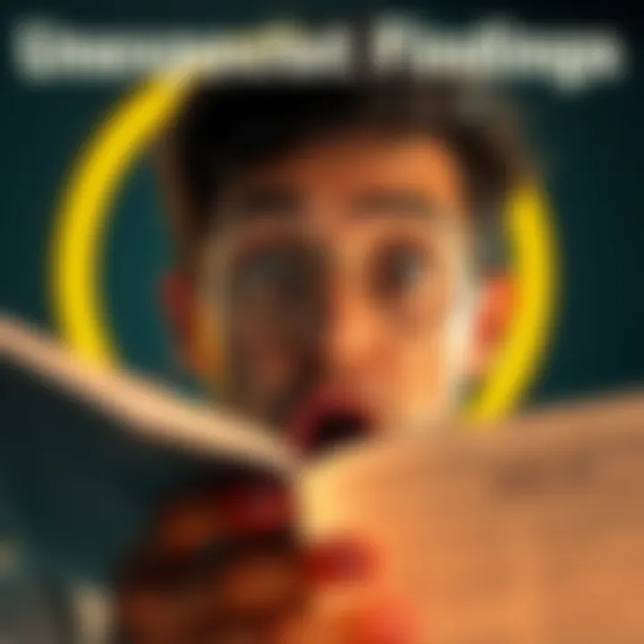 A person with wide eyes and an open mouth, expressing surprise while reading a report on unexpected discoveries.