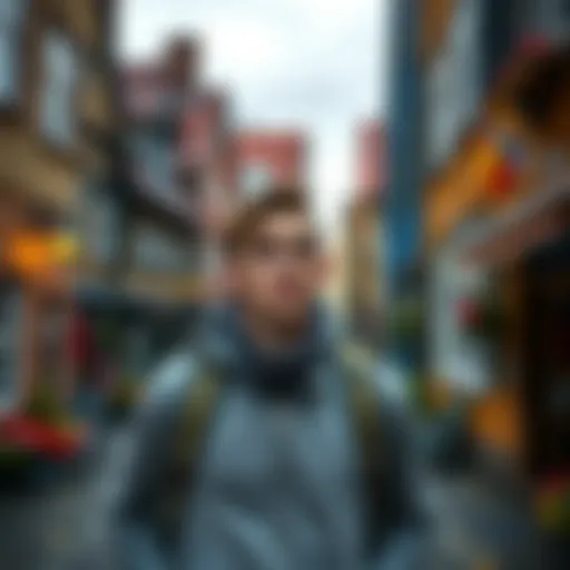 A traveler looks startled while exploring a scenic Swedish street, surrounded by traditional buildings.