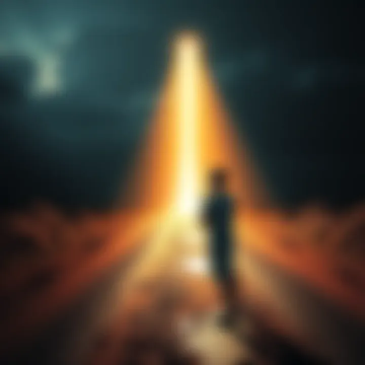 Surprising Change Moment A person standing at a crossroad, looking surprised as one path leads to a bright future while the other remains dark and unclear.