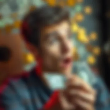 A person looking surprised and hopeful while holding a small cash reward, with a backdrop of bills and coins.