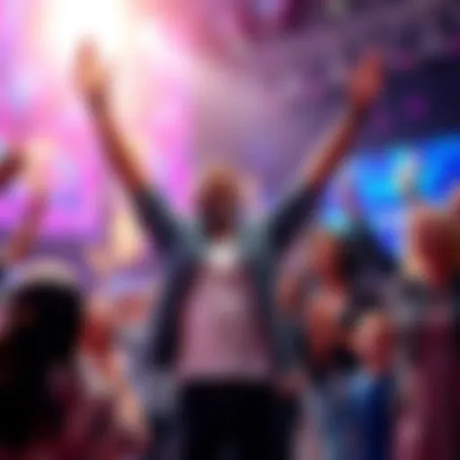 A contestant celebrating after a surprising win on 'I Shouldn't Have Won That', surrounded by cheering friends and family.