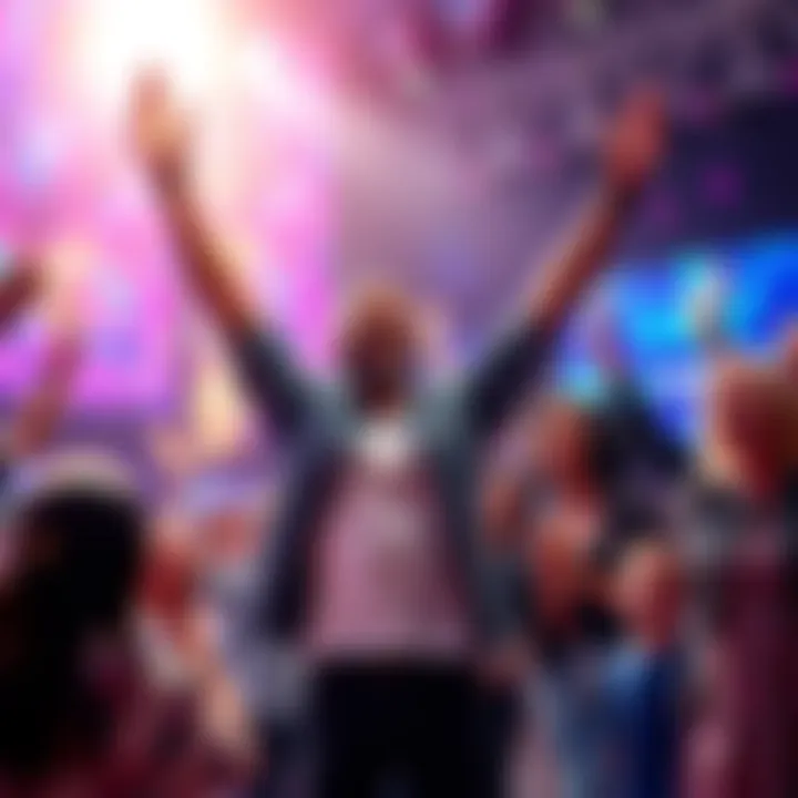 A contestant celebrating after a surprising win on 'I Shouldn't Have Won That', surrounded by cheering friends and family.