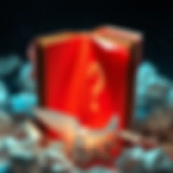 An empty book with a question mark on the cover, symbolizing an absurd story ending, surrounded by crumpled paper