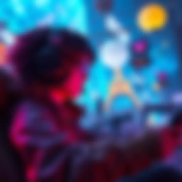 Surreal gaming experience A player immersed in a vivid game world, surrounded by fantastical elements that blend reality with digital visuals.