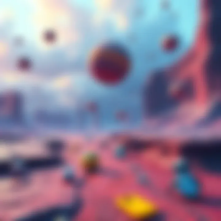 A colorful and distorted landscape with floating objects and unusual lighting, symbolizing altered reality.