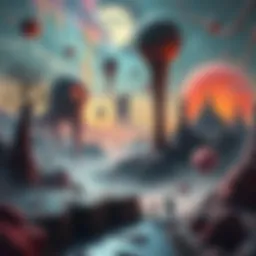 A strange, colorful landscape with bizarre beings and abstract shapes, capturing the essence of surreal videogames.