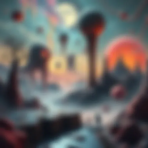 A strange, colorful landscape with bizarre beings and abstract shapes, capturing the essence of surreal videogames.