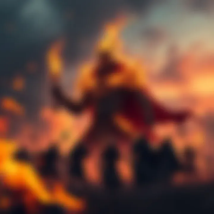Surtr Igniting Flames on the Battlefield Surtr, a giant figure wreathed in fire, stands boldly on a battlefield, flames erupting around him as warriors prepare for battle.