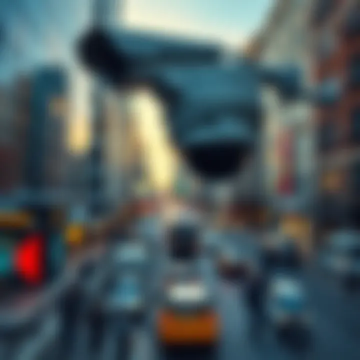 A surveillance camera monitors a busy city street filled with pedestrians and cars, highlighting the growing presence of surveillance in daily life.