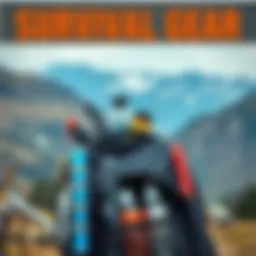 A backpack filled with essential survival items like water bottles, knives, and communication tools against a backdrop of outdoor scenery.