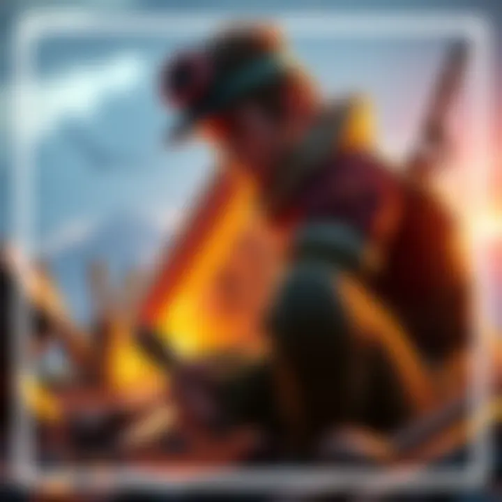 A character building a base in an open-world setting with crafting tools around them.