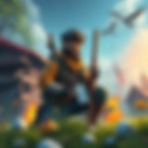 An illustration of a character building in a survival game, showcasing crafting tools and wilderness settings.