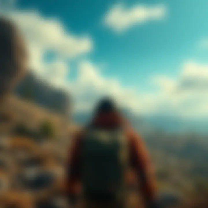 Survival in a Game Environment A player looking at a rugged landscape with survival gear, imagining real-world strategies based on video game experiences.