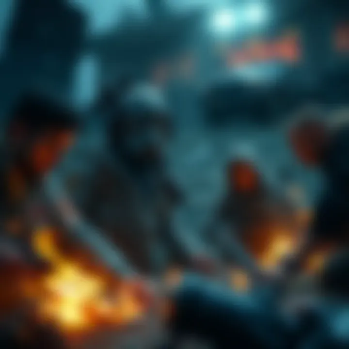 A group of survivors strategizing in a hostile environment, showing tension and alliance building among them.