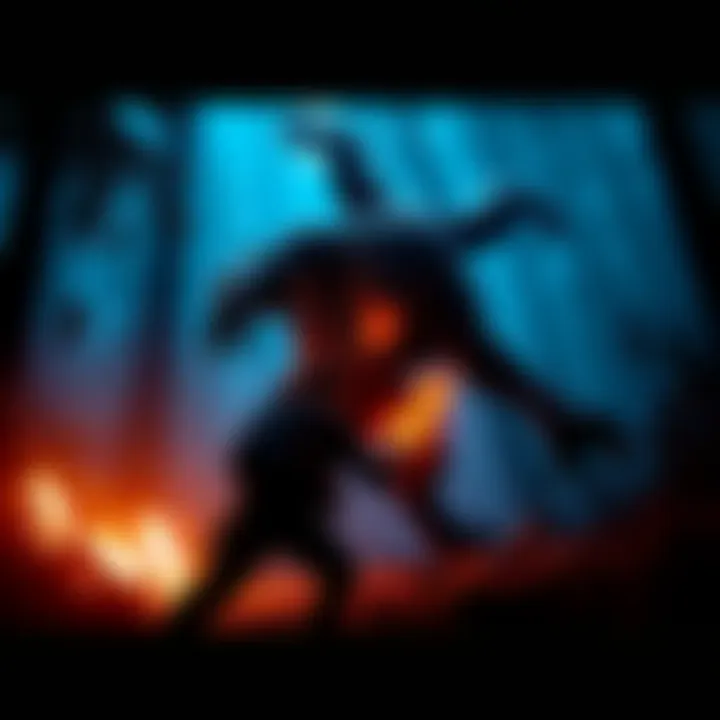 A player battling a terrifying creature in a dark forest from a survival game, showcasing intense action and danger.