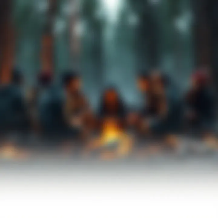 A group of diverse players huddled around a campfire in a survival game, discussing strategies and tactics.