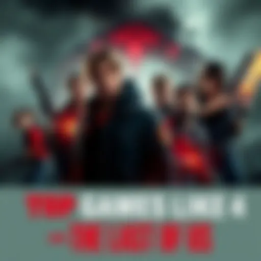 A group of diverse characters from various survival games, showcasing intense action and emotional moments, surrounded by a gloomy environment.