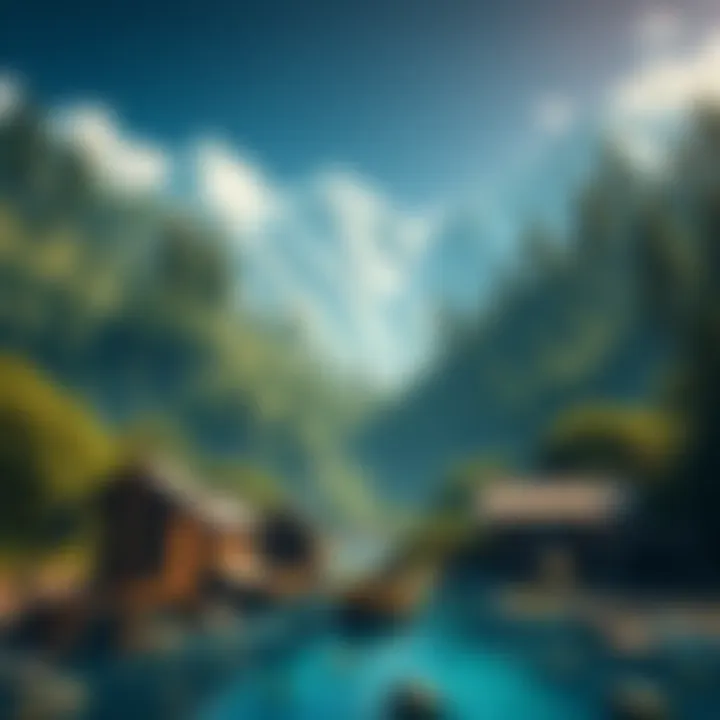 A beautiful view of a lush forest and ocean, showcasing crafting tools and survival elements from popular games like Subnautica and The Forest.