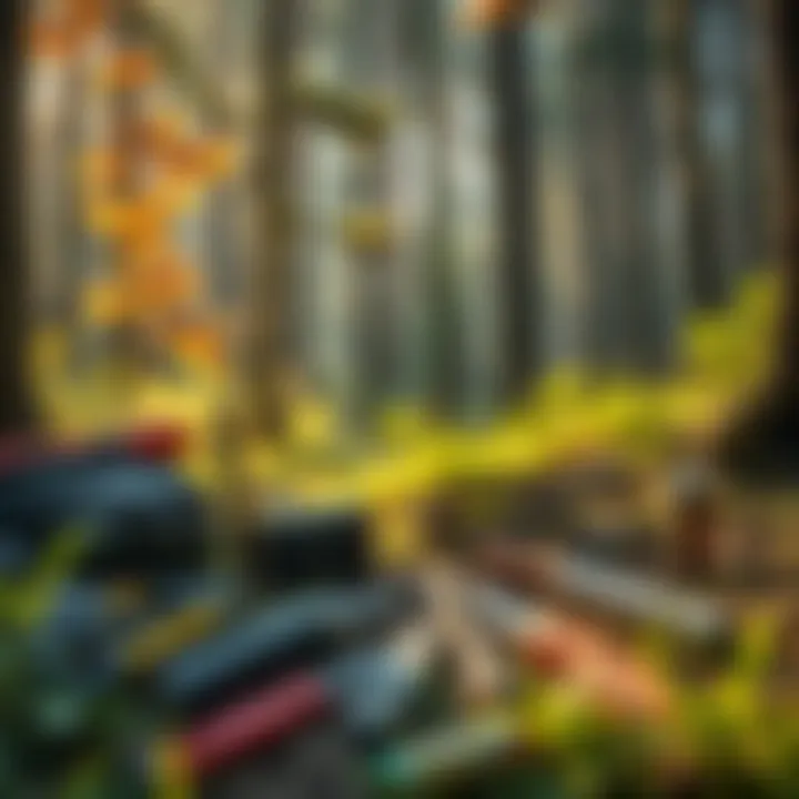 A display of The Look Of Disapproval survival gear set up in a forest setting with tools and equipment visible.