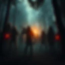 A group of survival horror game characters in a dark forest setting, illustrating the suspenseful atmosphere typical of survival horror games.